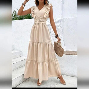 Solid Ruched Ruffle Hem Dress